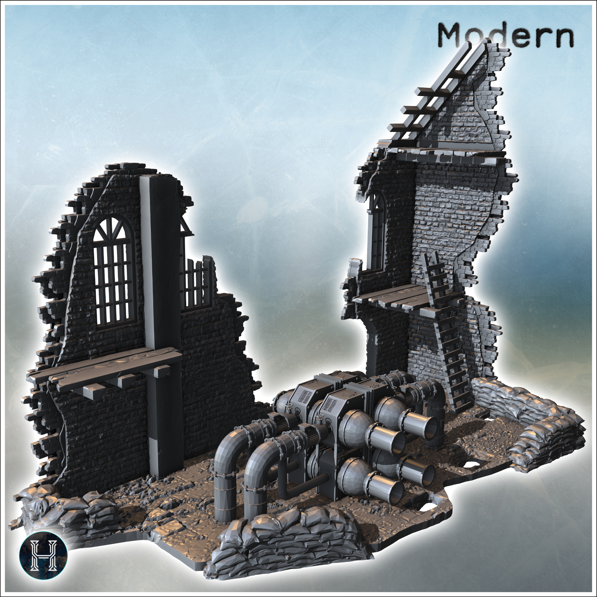 Ruined wall segment with sandbag barricades and exposed pipes at the base (5) - Modern WW2 WW1 World War Diaroma Wargaming RPG Mini Hobby